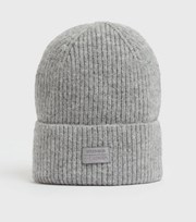 New Look Pale Grey Ribbed Knit Tab Front Beanie